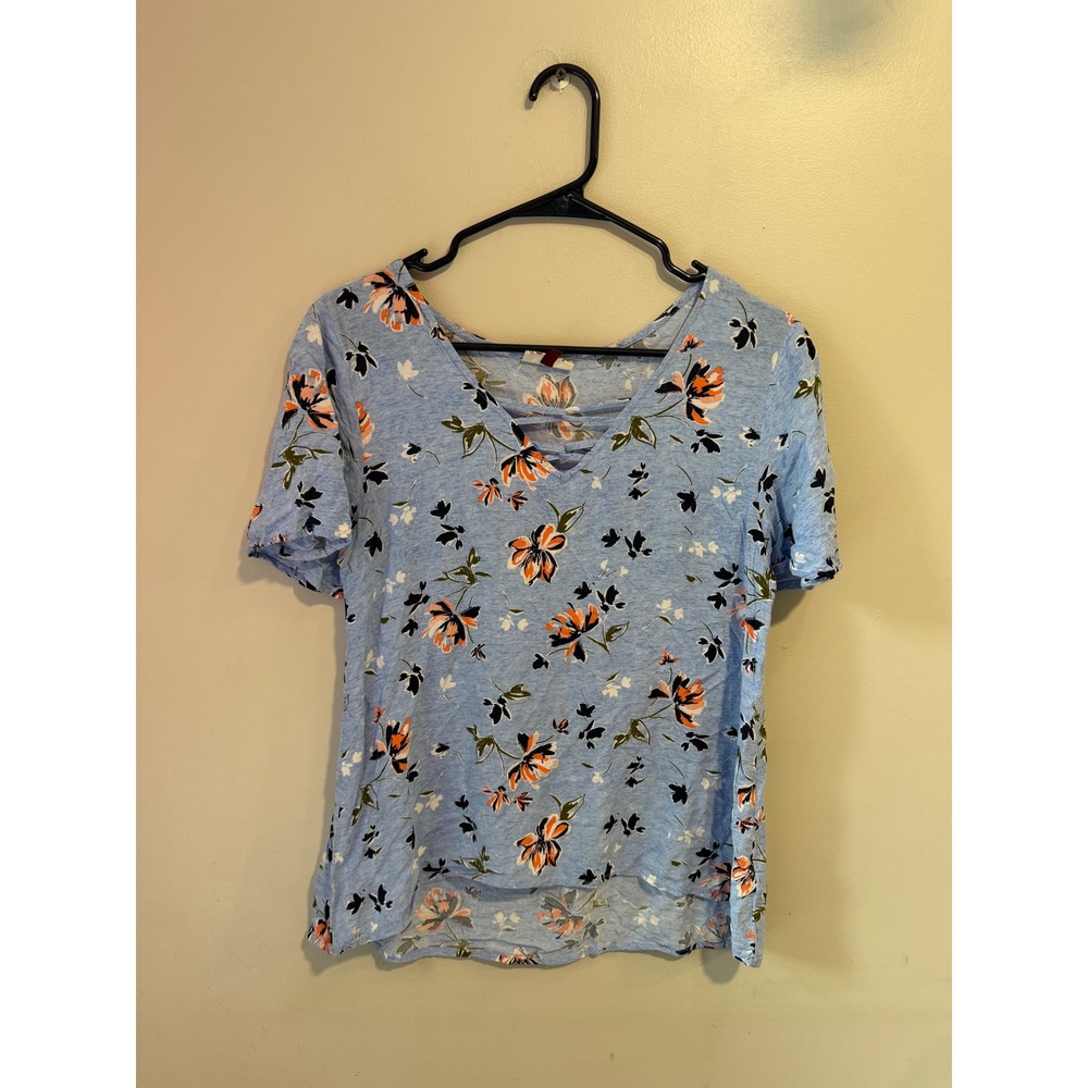 SO Heritage Womens Blue Floral V-Neck Lattice Strappy Short Sleeve Rayon Top M